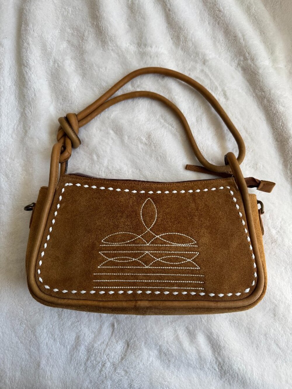 NWT, American Darling Knot Strap Bootstitch Handbag, Suede Leather Purse, Camel